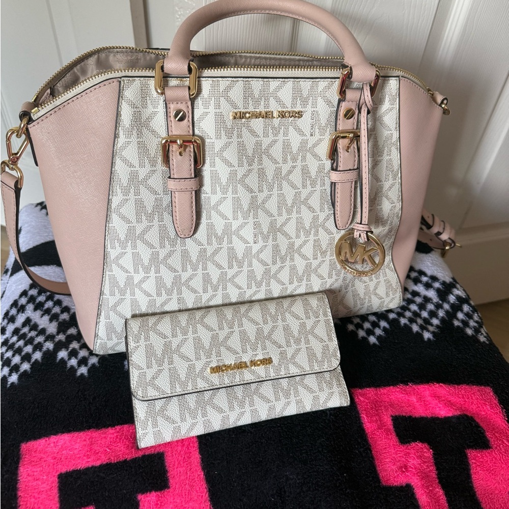 Michael Kors Pink and Cream Satchel Set